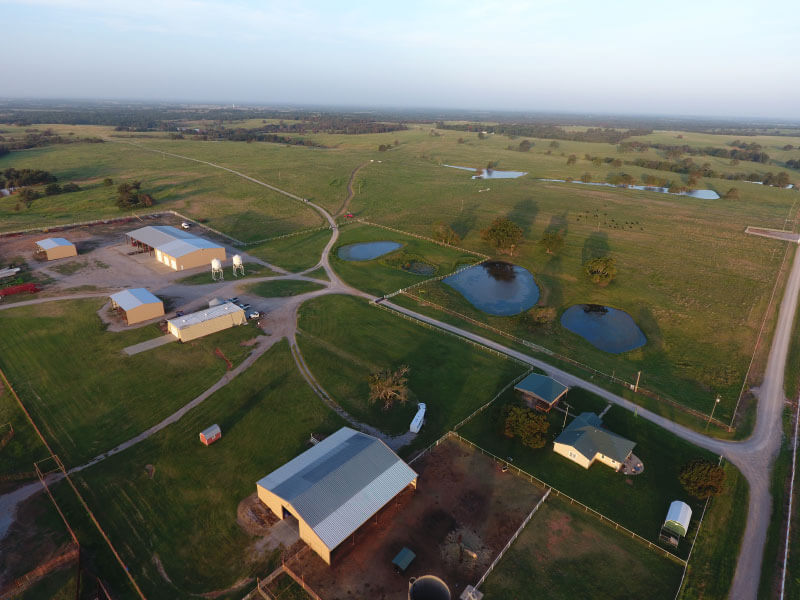 Aerial view of Blue Branch Ranch in Byars, Oklahoma
